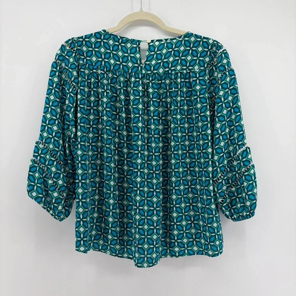 LOFT Womens XSP Teal Geometric Tile Print 3/4 Sleeve Ladder Lace Blouse Top